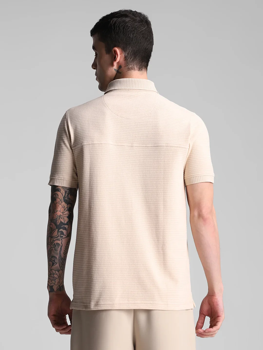 Beige Melange Solid Polo T-Shirt - Image 5