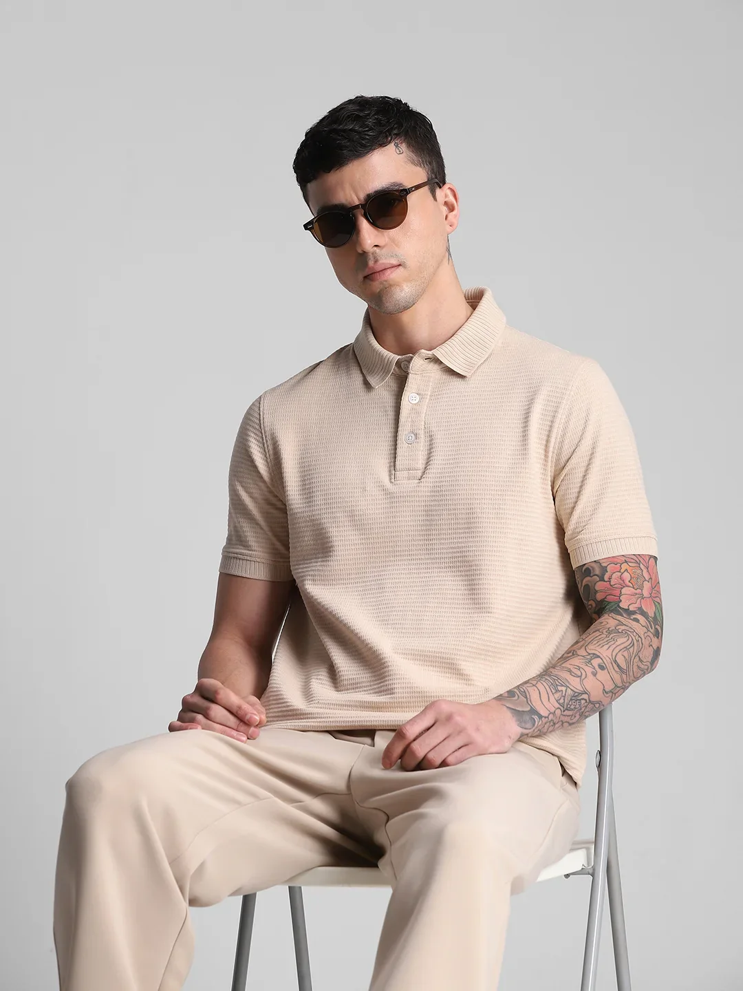 Beige Melange Solid Polo T-Shirt - Image 7