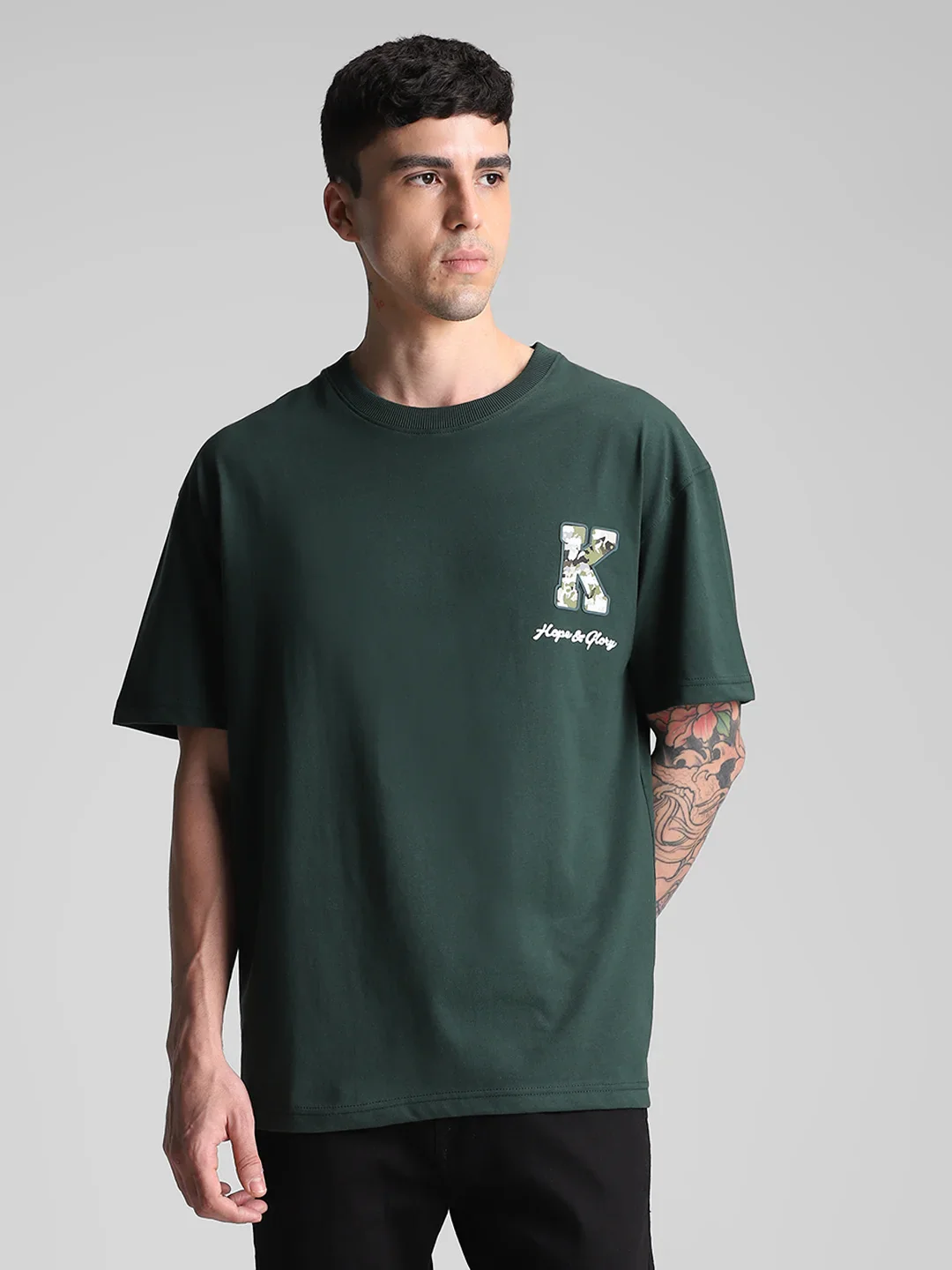 Bottle Green Printed Oversized T-Shirt - Image 2
