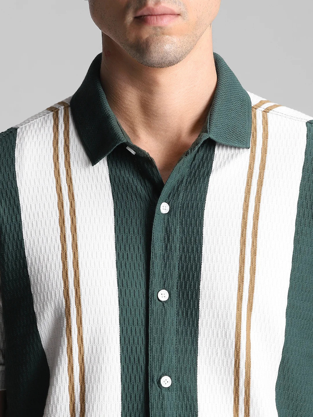 Bottle Green/White Striped Knitted Shirt - Image 3