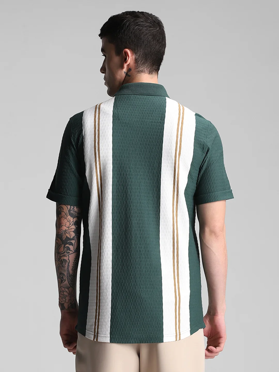 Bottle Green/White Striped Knitted Shirt - Image 4