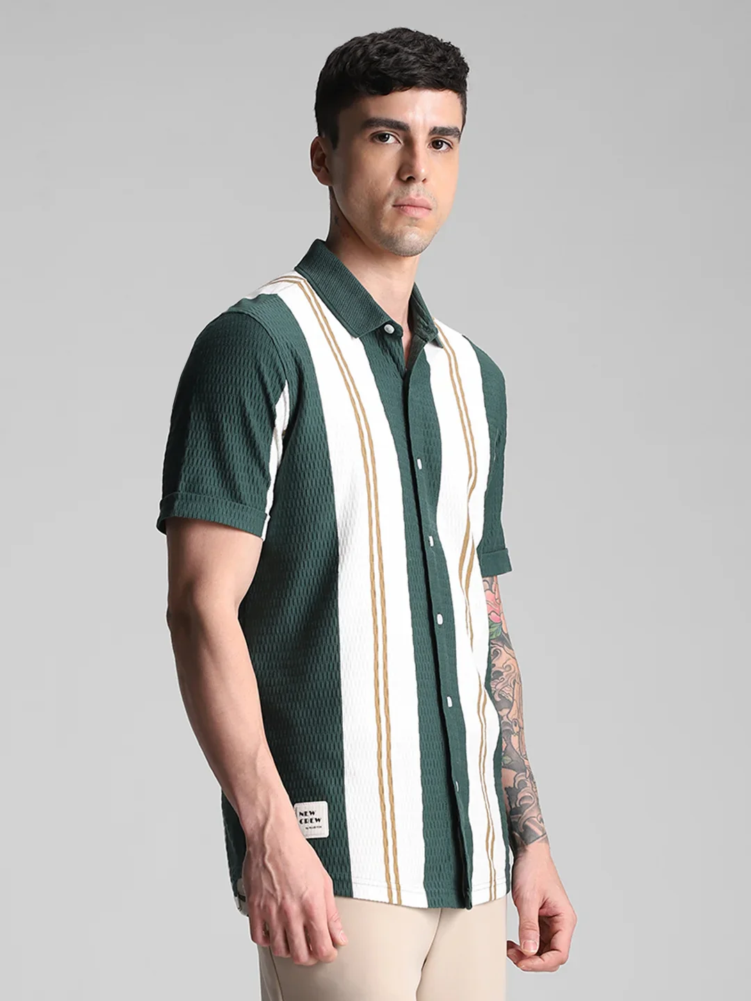 Bottle Green/White Striped Knitted Shirt - Image 5