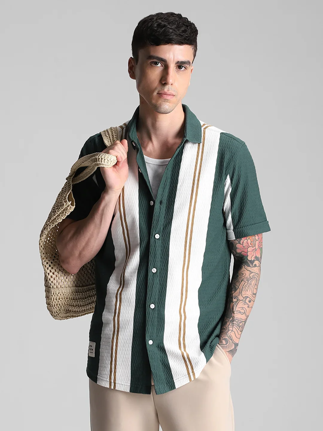 Bottle Green/White Striped Knitted Shirt - Image 6