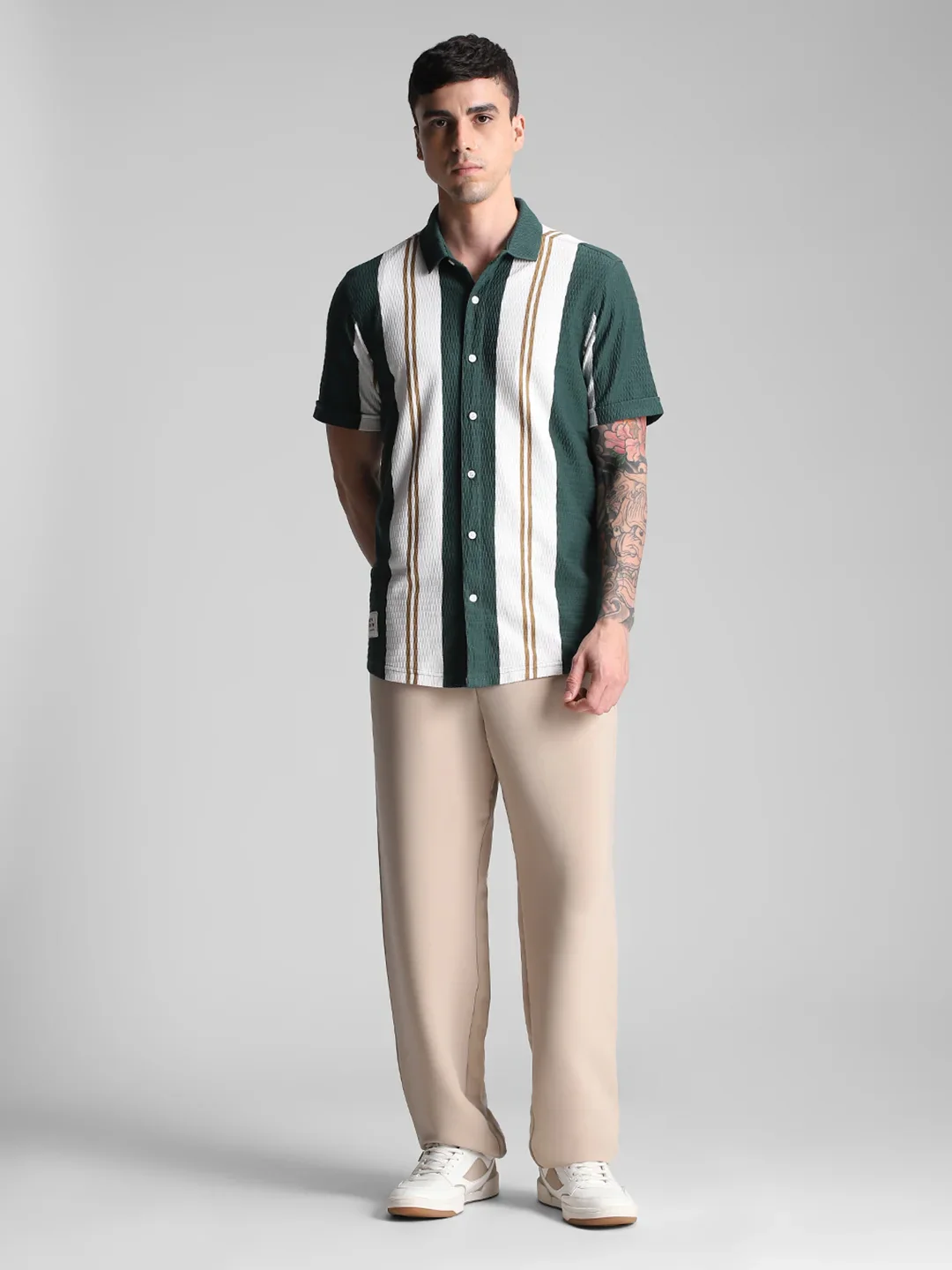 Bottle Green/White Striped Knitted Shirt - Image 7