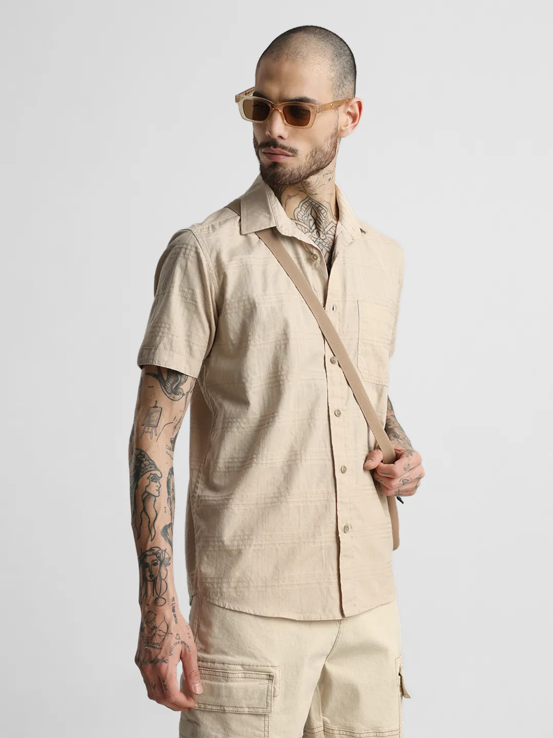 Beige Brown Self Checkered Shirt - Image 8