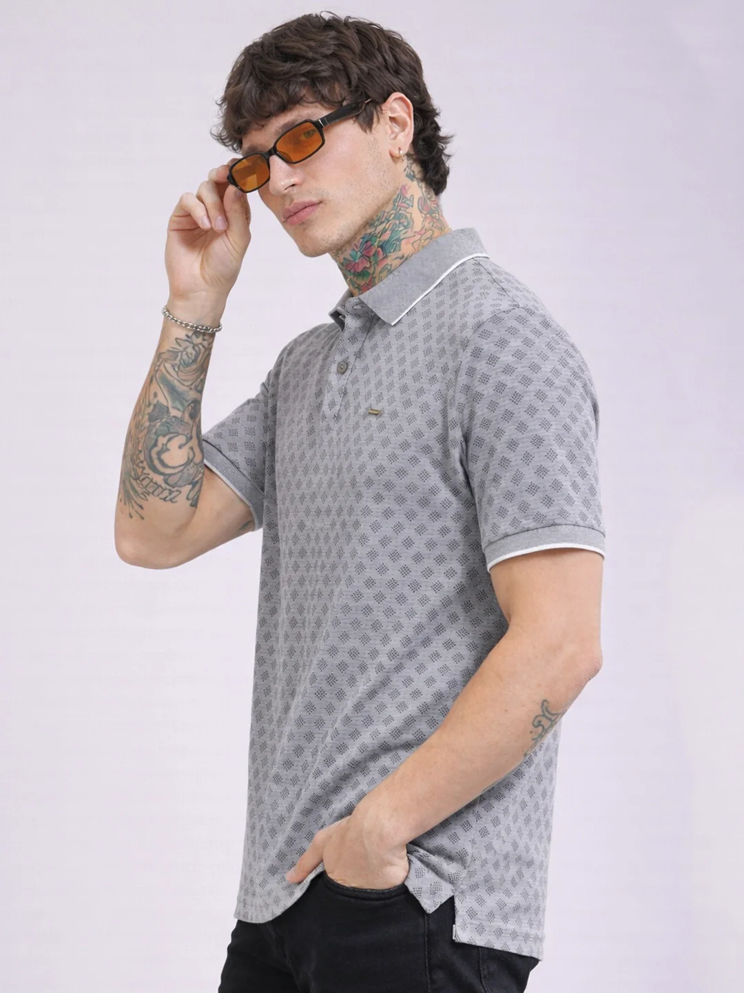Grey Printed Premium Polo T-Shirt - Image 3