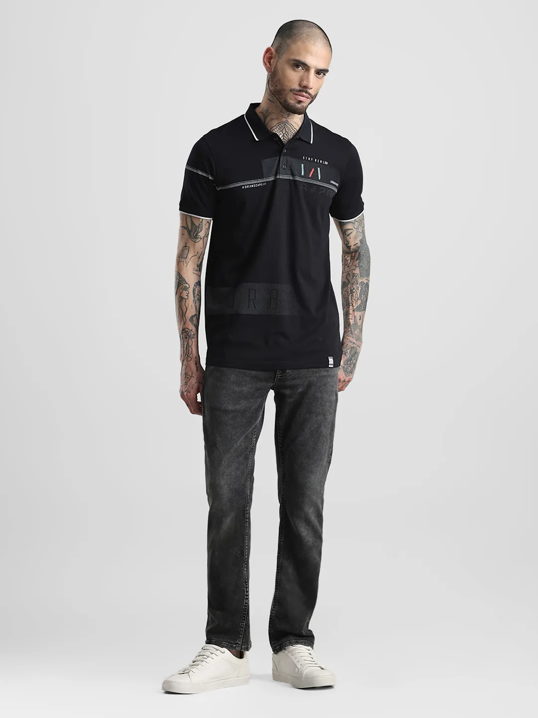 Black Printed Polo T-Shirt - Image 4