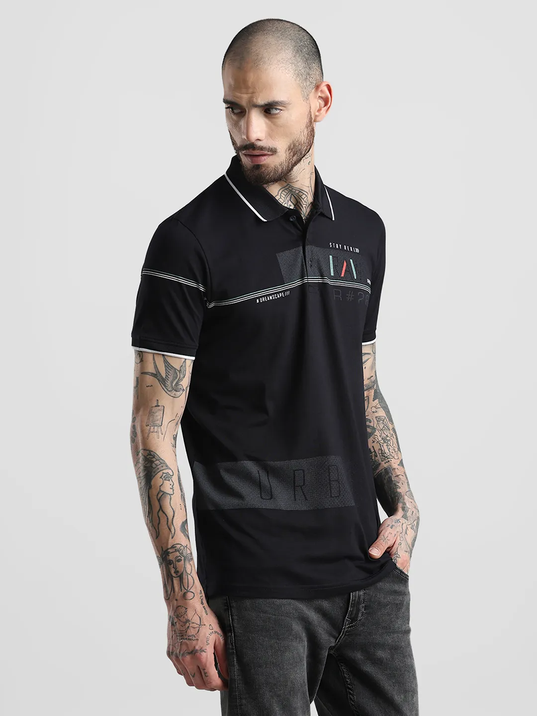 Black Printed Polo T-Shirt - Image 5