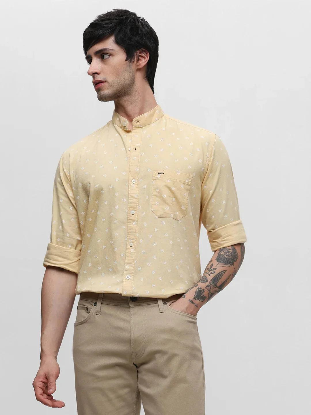 Yellow Band Collar Printed Shirt - Image 3