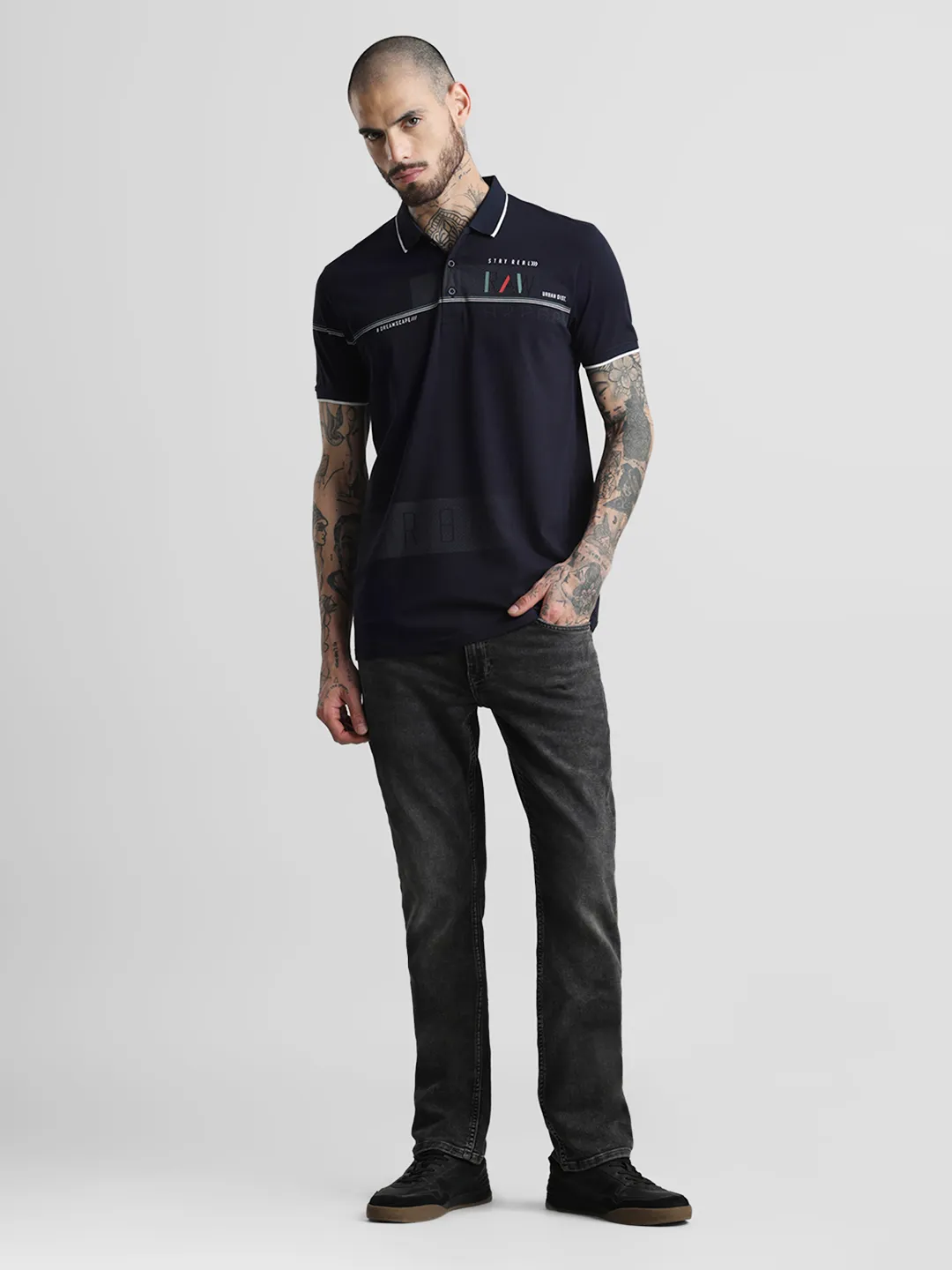 Navy Printed Polo T-Shirt - Image 7
