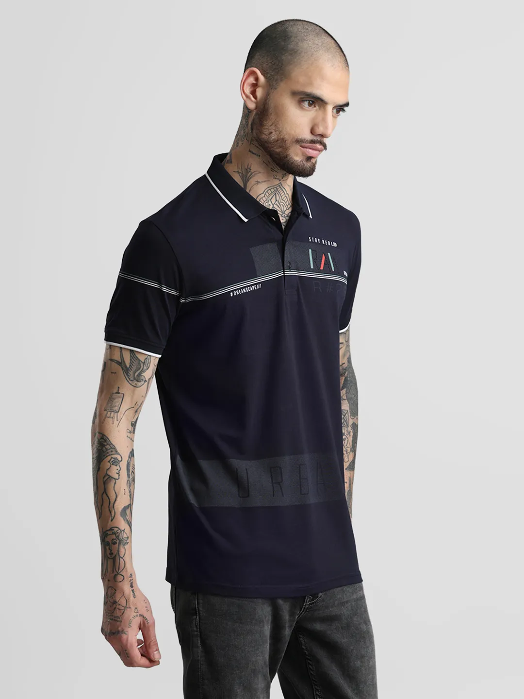 Navy Printed Polo T-Shirt - Image 8