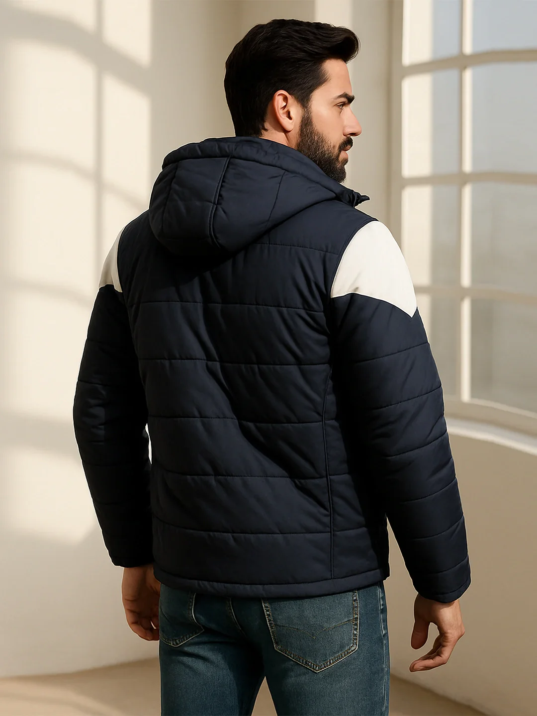 Navy Solid Hooded Jacket - Image 3