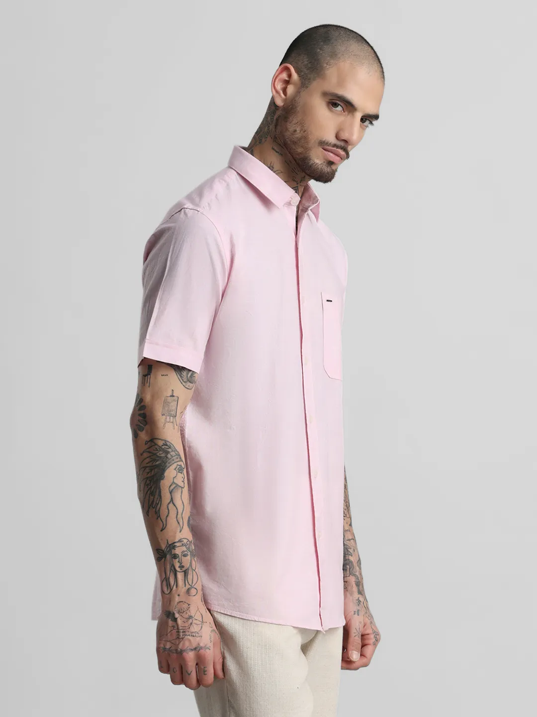 Pink Textured Solid Shirt - Image 5