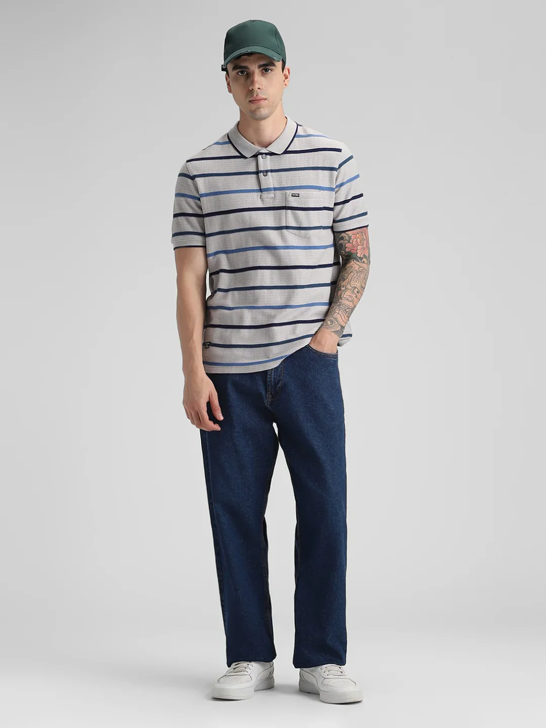Grey Navy Striped Premium Polo T-Shirt - Image 6