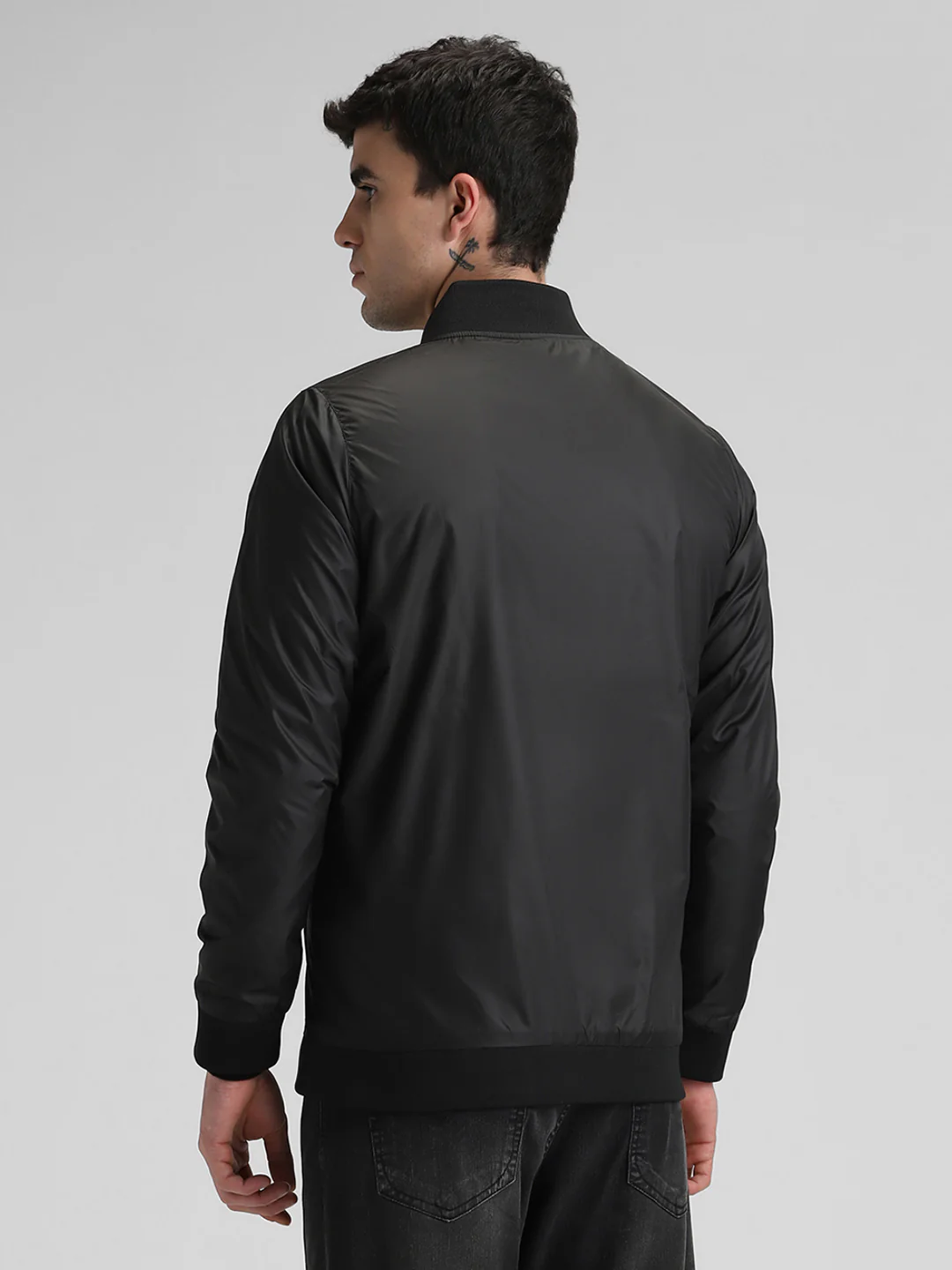Black Solid Bomber Jacket - Image 4