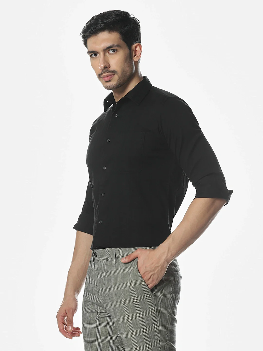 Black Spread Collar Solid Shirt - Image 4