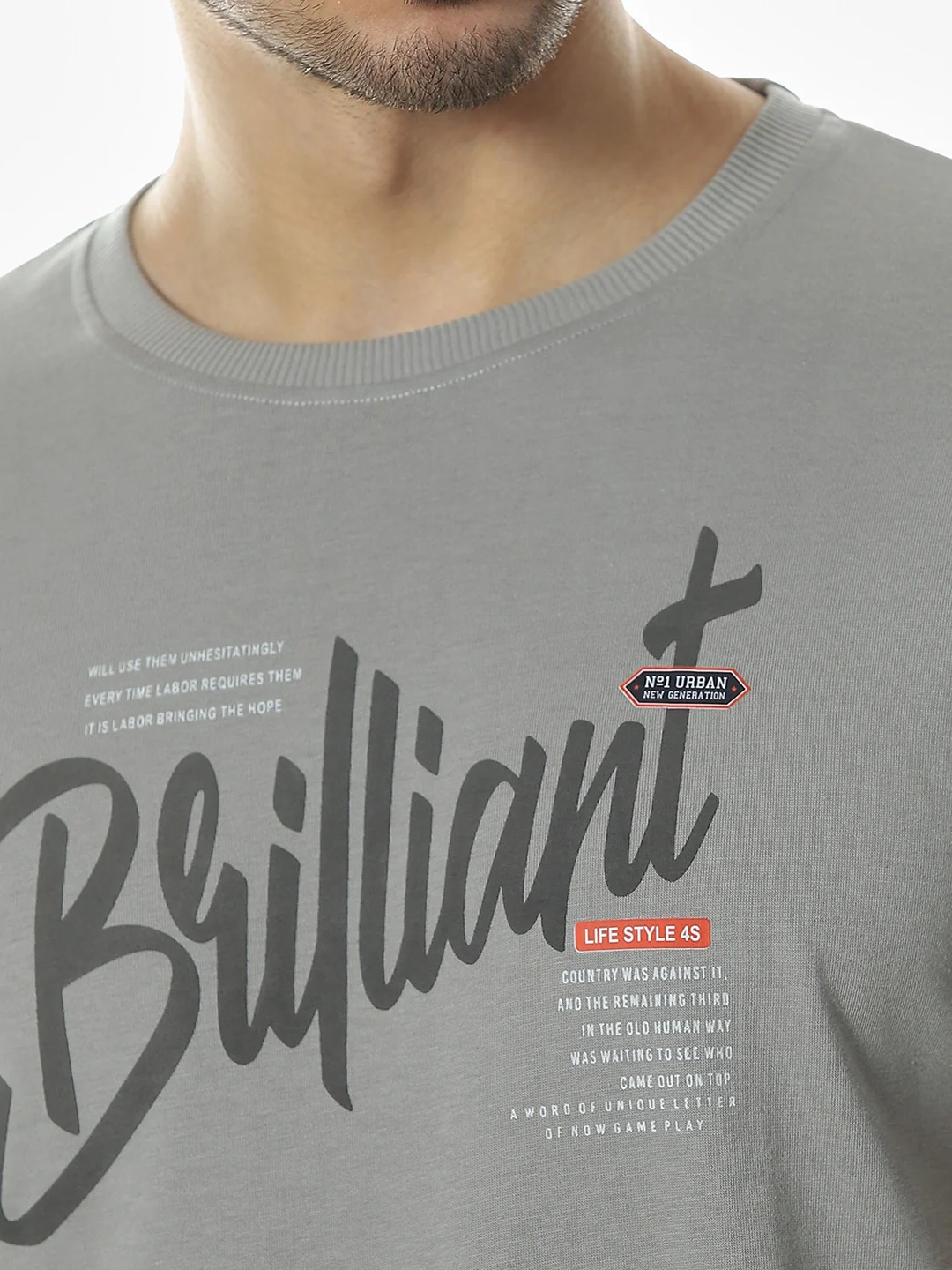 Grey Printed Crew T-Shirt - Image 5