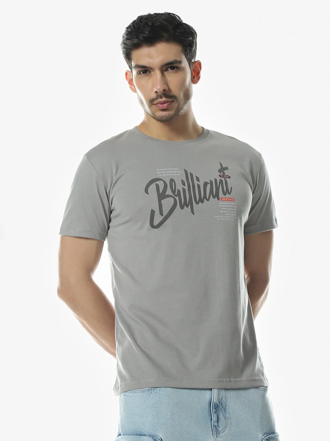 Grey Printed Crew T-Shirt - Image 7