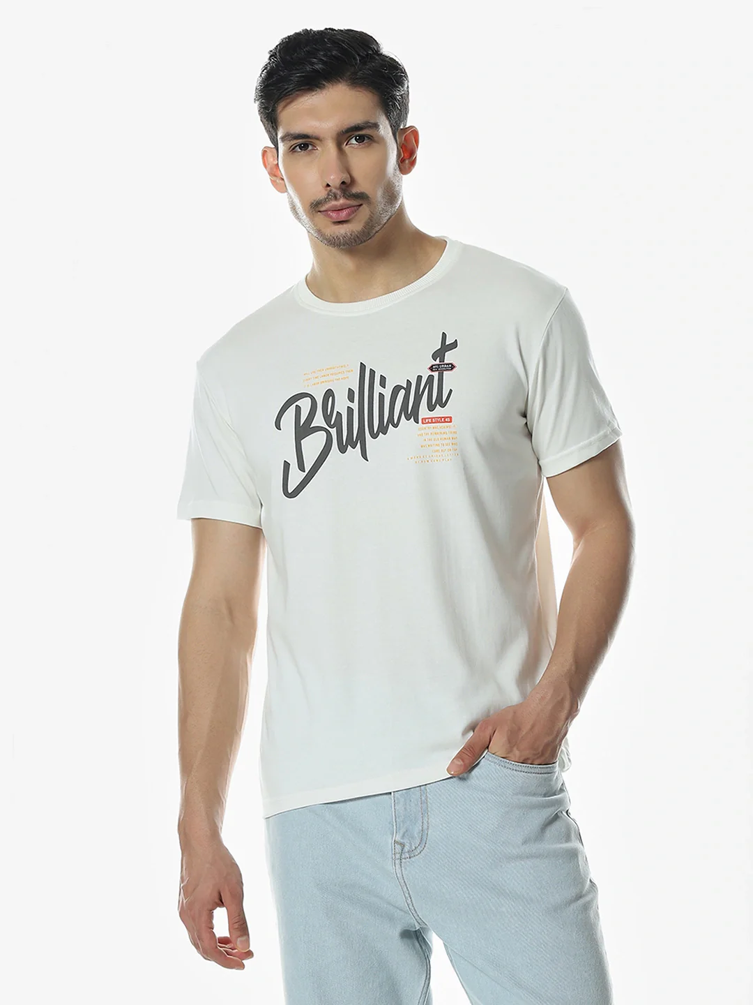 Off White Printed Round T-Shirt - Image 6