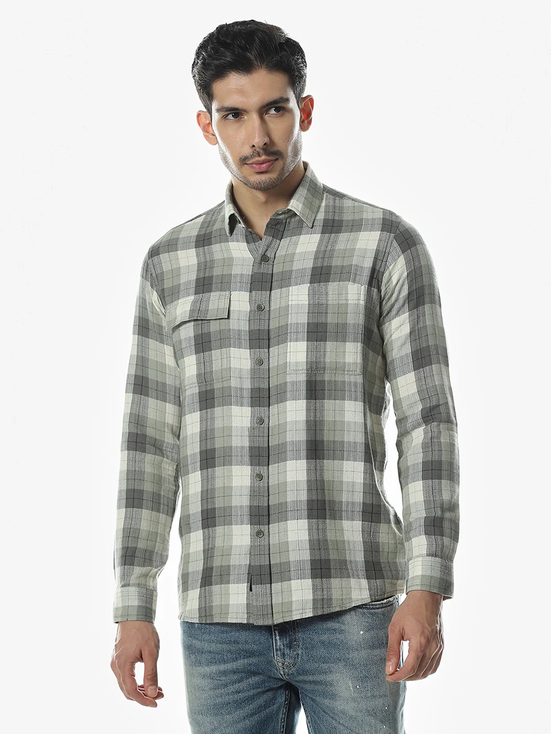 Olive Checkered Full Sleeves Shirt - Image 4