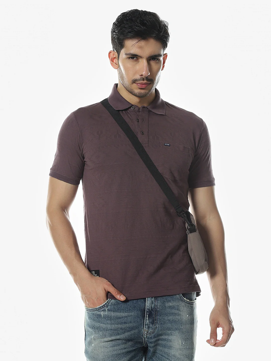 Dark Purple Textured Polo T-Shirt - Image 8
