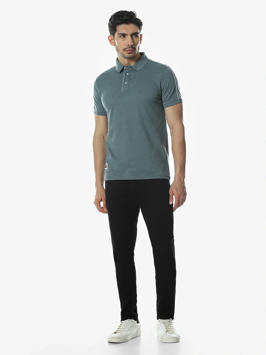 Teal Blue Textured Polo T-Shirt - Image 7