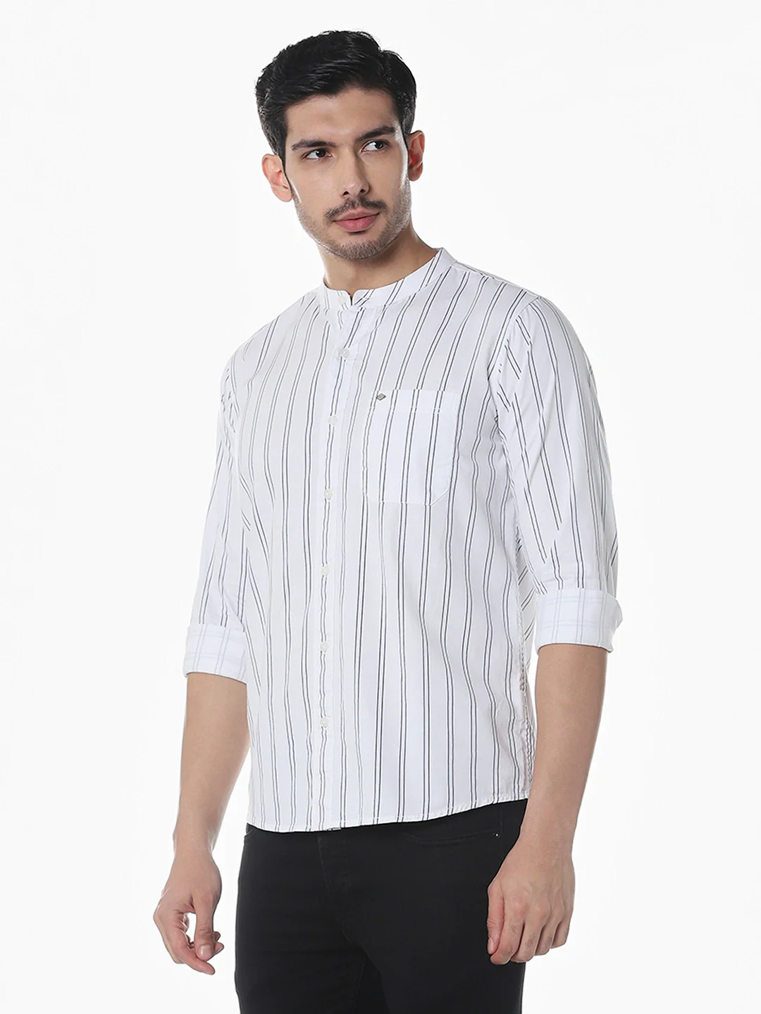 White Printed Mandarin Collar Shirt - Image 4
