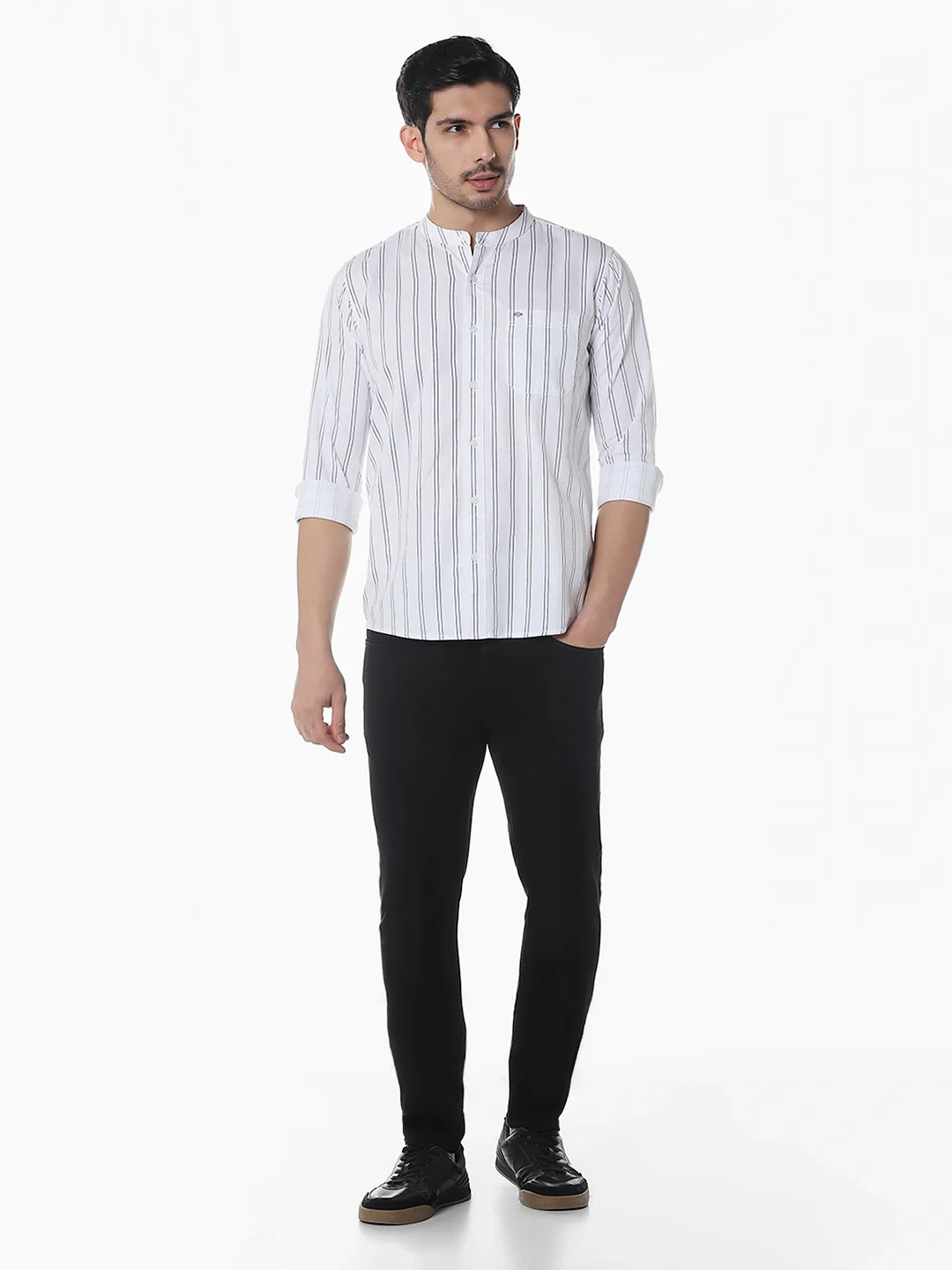 White Printed Mandarin Collar Shirt - Image 7