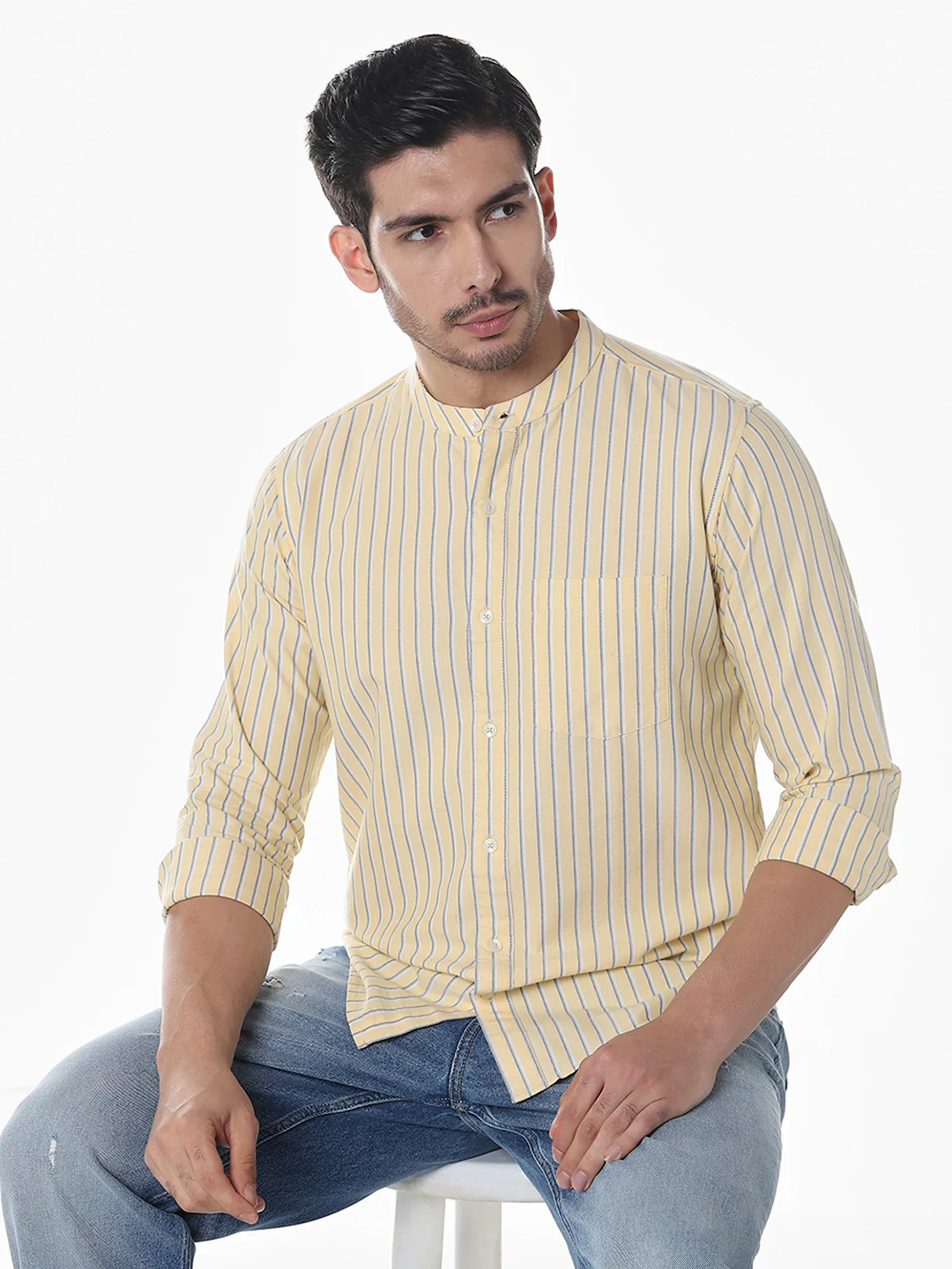 Yellow Striped Mandarin Collar Shirt - Image 3