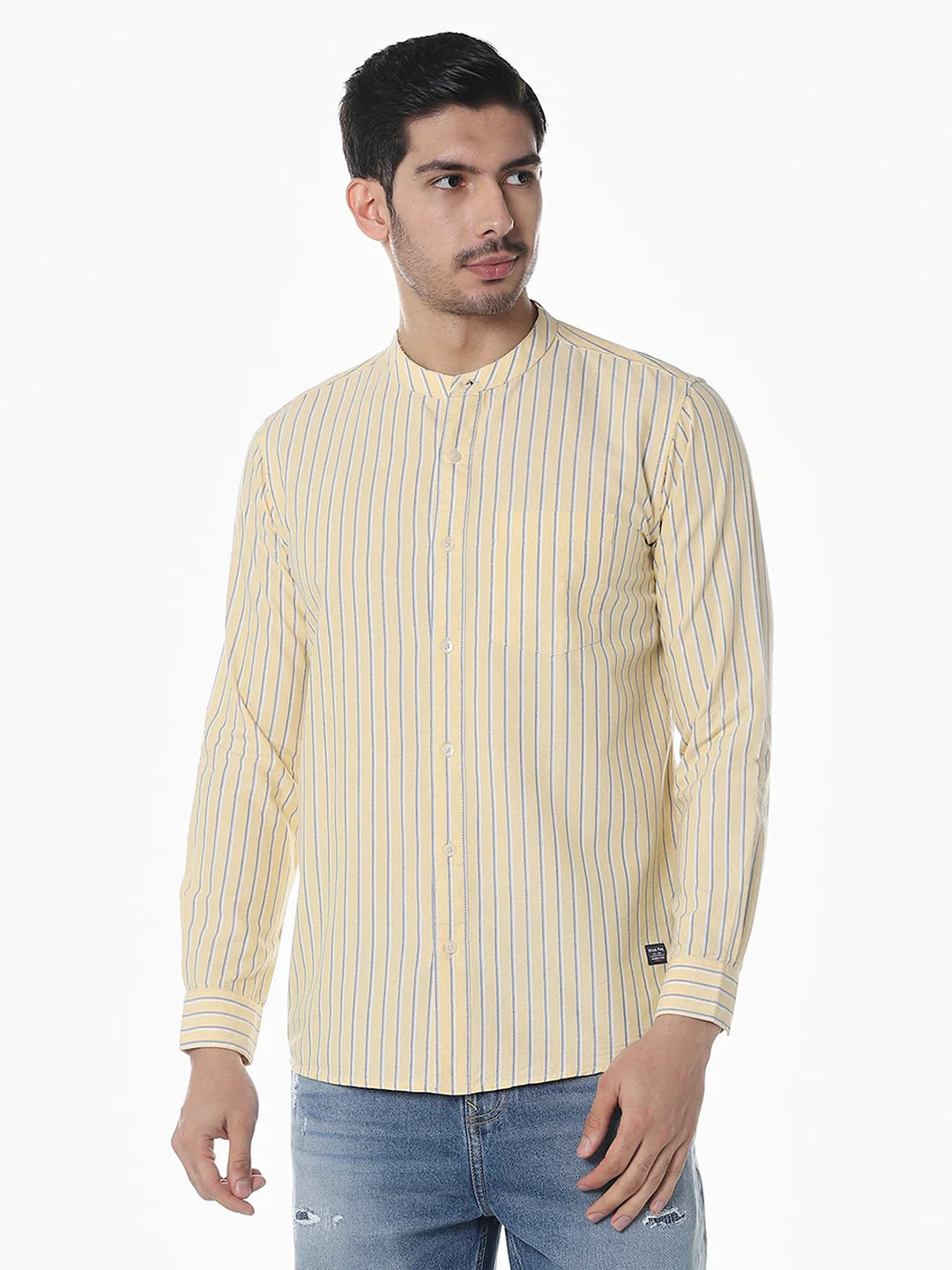 Yellow Striped Mandarin Collar Shirt - Image 4