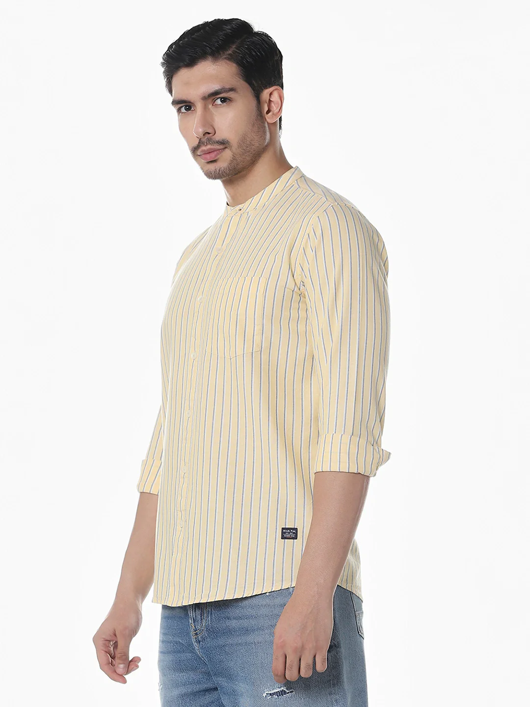 Yellow Striped Mandarin Collar Shirt - Image 5