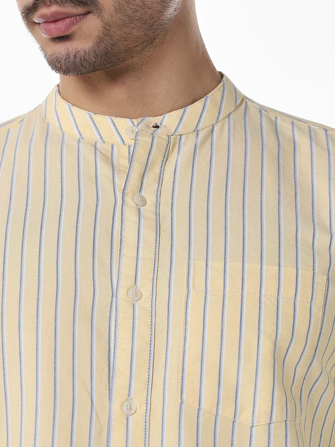 Yellow Striped Mandarin Collar Shirt - Image 7