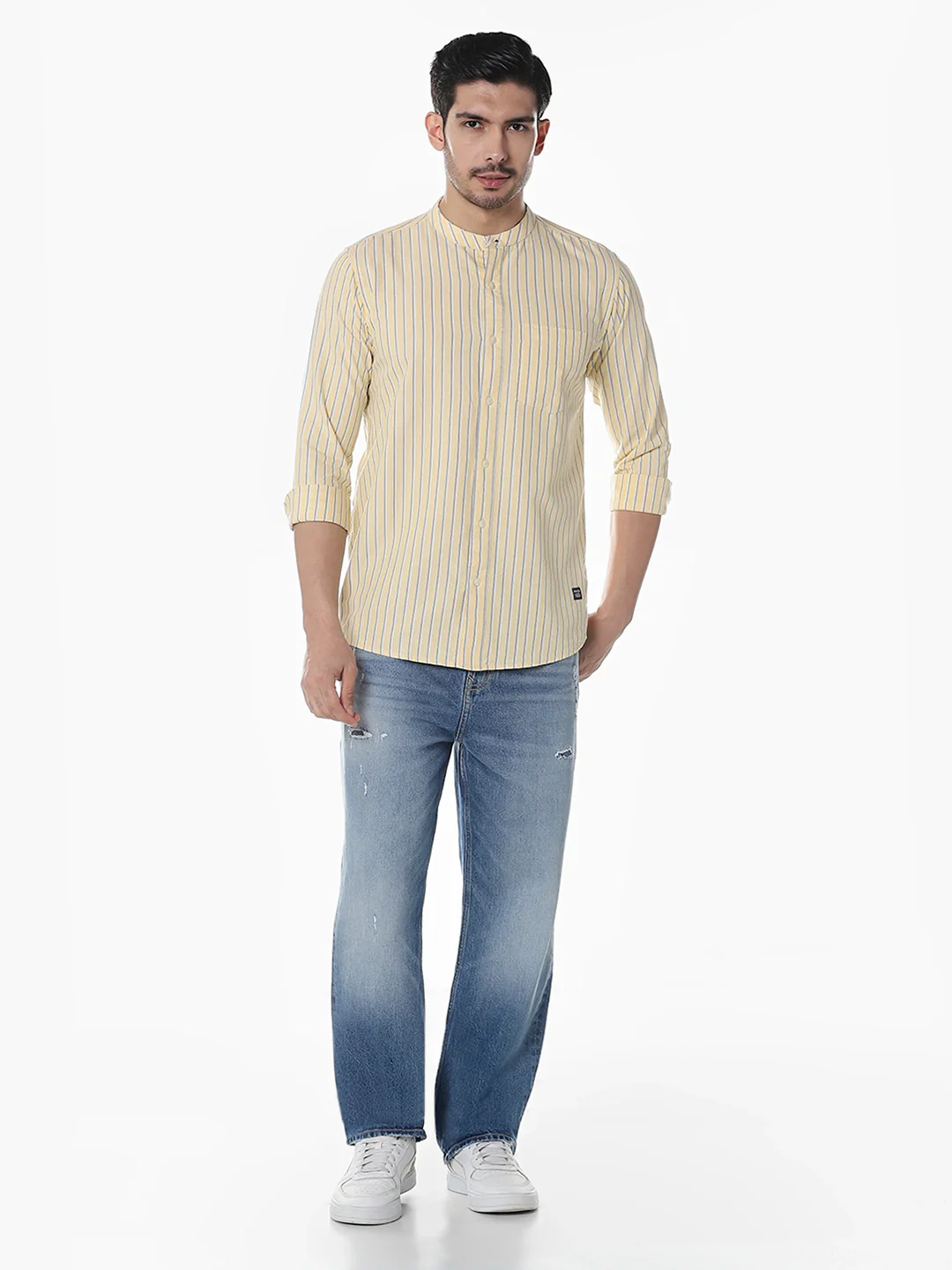 Yellow Striped Mandarin Collar Shirt - Image 8