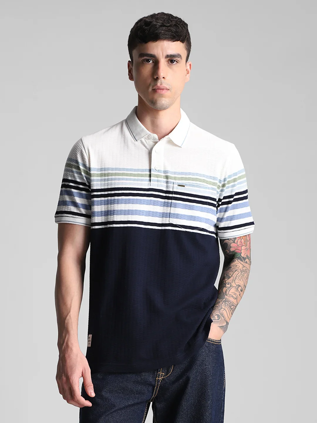 Off White Navy Striped Polo T-Shirt