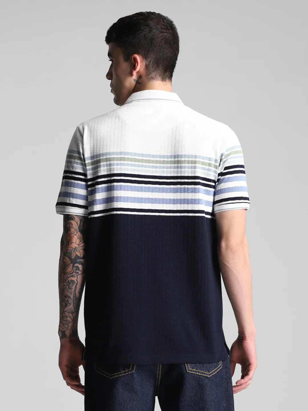 Off White Navy Striped Polo T-Shirt - Image 4