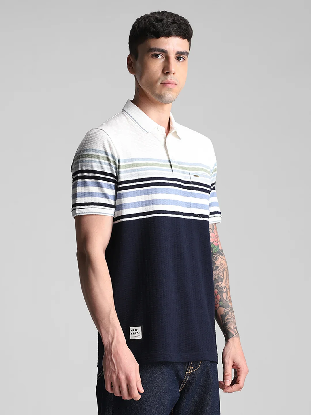 Off White Navy Striped Polo T-Shirt - Image 5