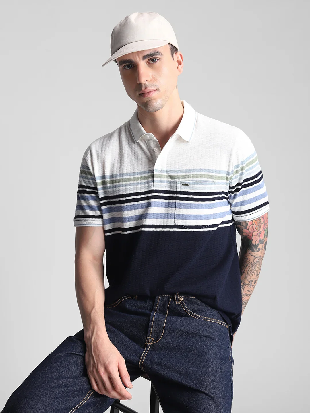 Off White Navy Striped Polo T-Shirt - Image 6