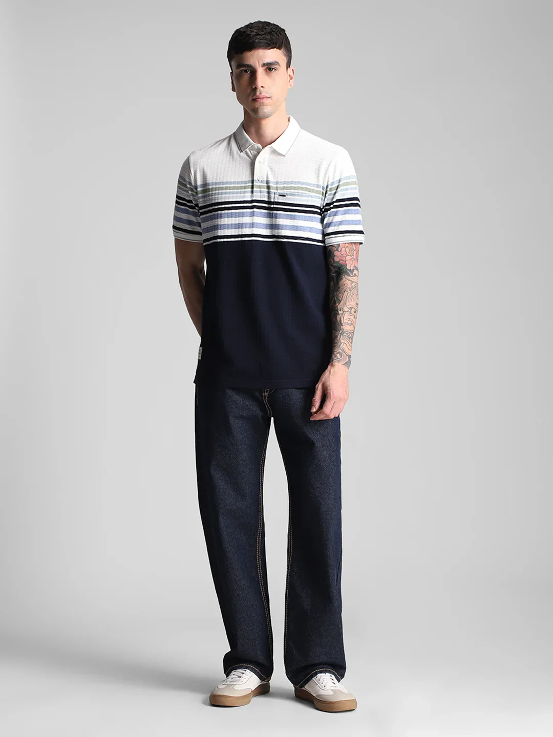 Off White Navy Striped Polo T-Shirt - Image 7