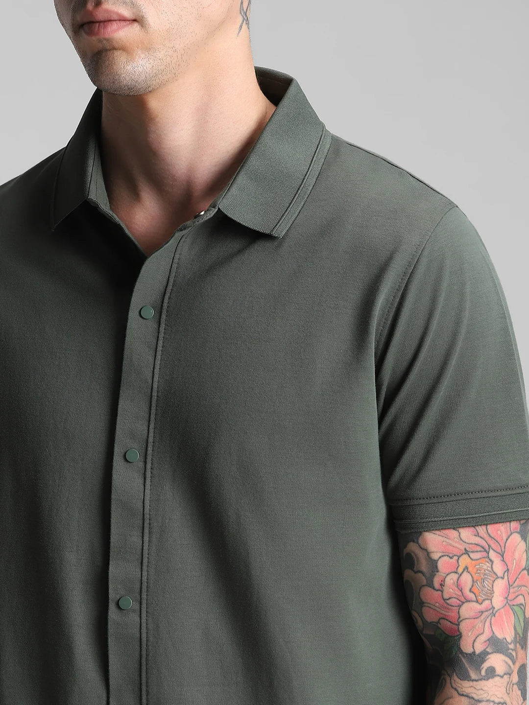 Olive Printed  Knitted Shirt - Image 3