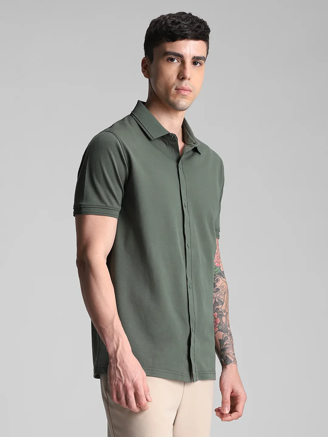 Olive Printed  Knitted Shirt - Image 5