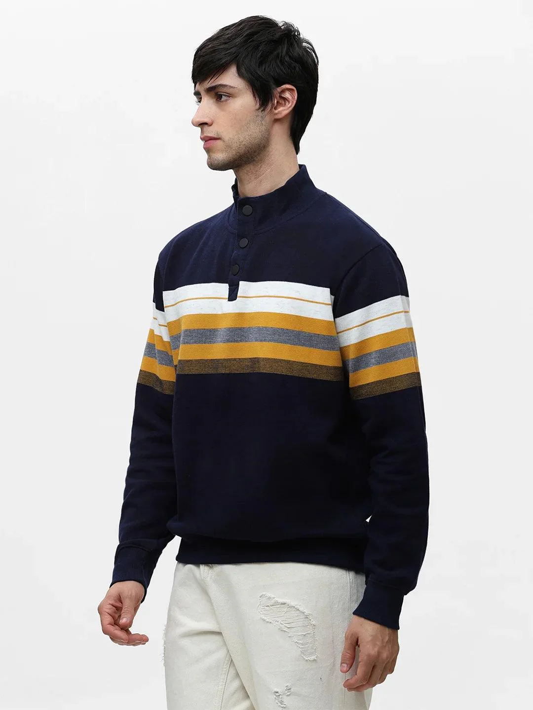 Blue Melange High Neck Striped Sweatshirt - Image 2