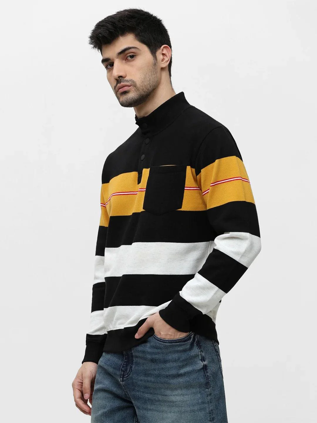 Mustard High Neck Striped Sweatshirt - Image 3