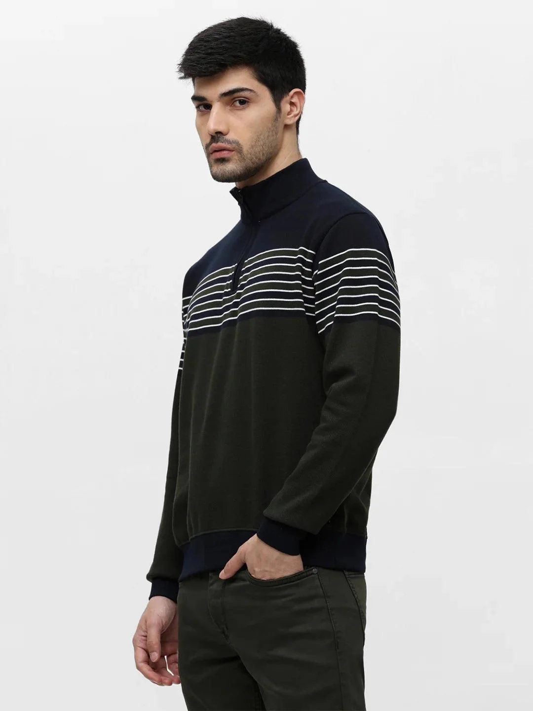 Olive High Neck Striped Sweatshirt - Image 6